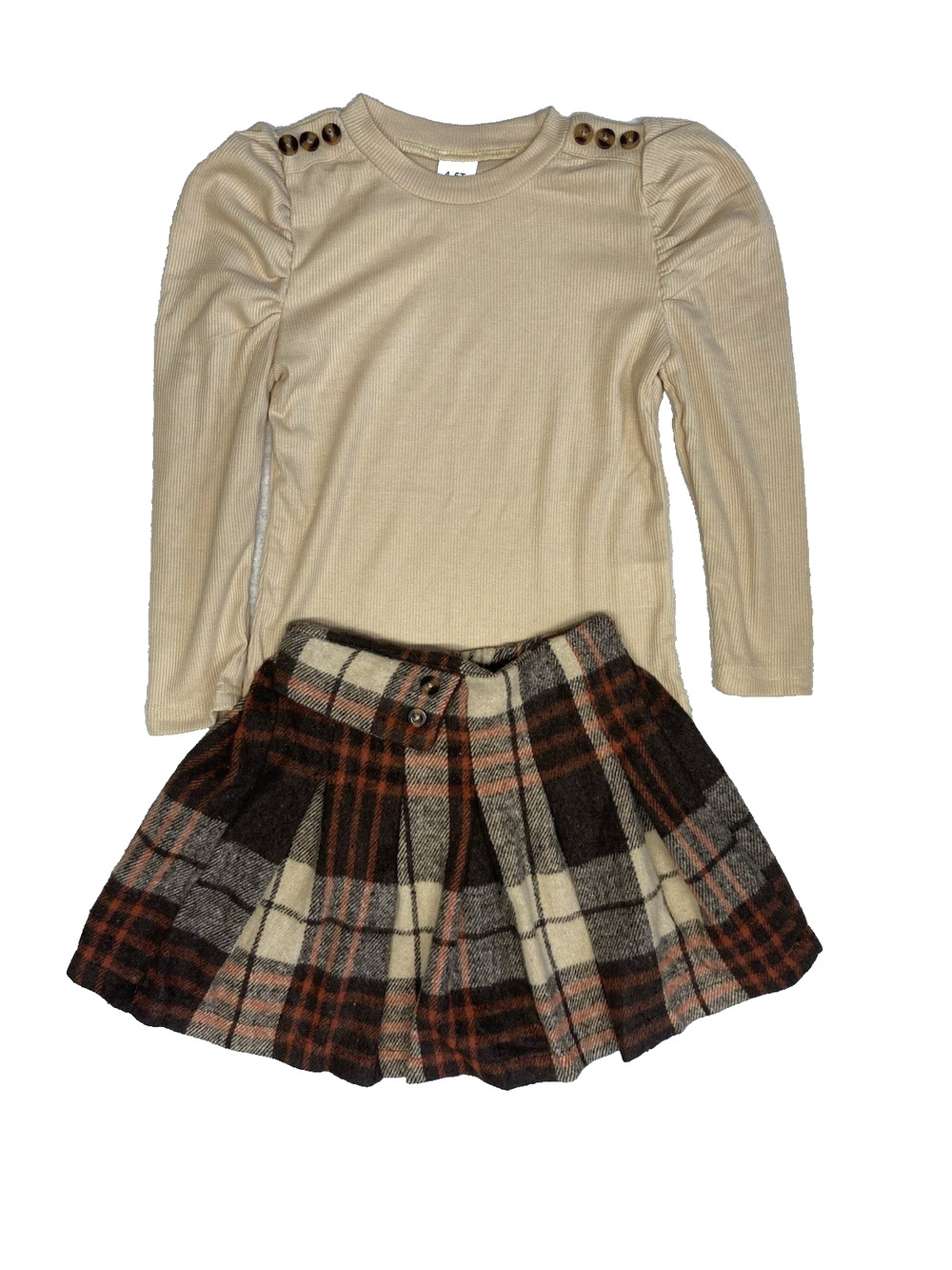 Two Piece Girls Matching Set Size 4-5T Plaid Skirt & Cream Tan Long Sleeve Top